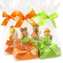 Schafmilchseife eckig 100g dekoriert mit Hase/Küken in Cello, Classic/Orange/Birne 