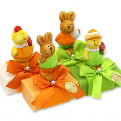 Schafmilchseife eckig 100g dekoriert mit Hase/Küken, Classic/Orange/Birne 