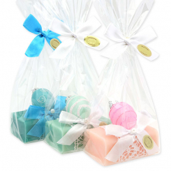 Schafmilchseife eckig 100g dekoriert mit Osterei in Cello, Pfingstrose/Salz/Kornblume 