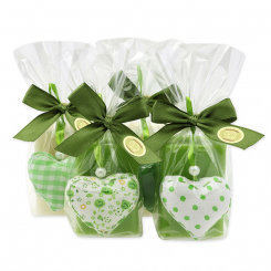 Schafmilchseife eckig 100g, dekoriert mit Stoffherz in Cello, Classic/Birne 