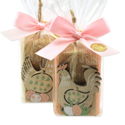 Sheep milk soap 100g decorated with a hen/rooster in a cellophane, Classic/Wild rose with petals 