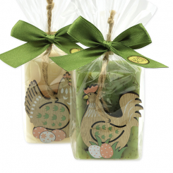 Sheep milk soap 100g decorated with a hen/rooster in a cellophane, Classic/Verbena 