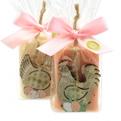 Sheep milk soap 100g decorated with a hen/rooster in a cellophane, Classic/Wild rose with petals 