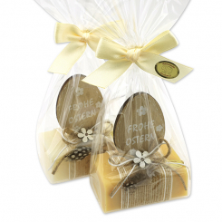 Schafmilchseife eckig 100g dekoriert mit Osterei in Cello, Classic/Zirbe 