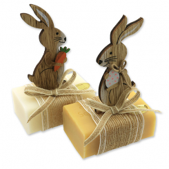 Schafmilchseife eckig 100g dekoriert mit Hase, Classic/Zirbe 