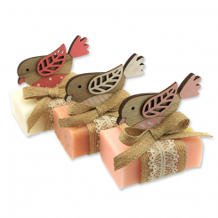 Sheep milk soap 100g decorated with a bird, Classic/Wild rose with petals 