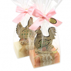 Sheep milk soap 100g decorated with a hen/rooster in a cellophane, Classic/Wild rose with petals 