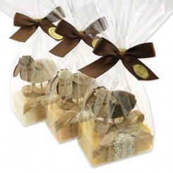 Sheep milk soap 100g decorated with a sheep in a cellophane, Classic/Swiss pine/Sheabutter 