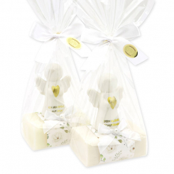 Sheep milk soap square 100g decorated with guardian angel with heart in a cellophane bag, Classic/Christmas rose white 