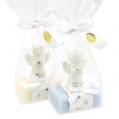 Sheep milk soap square 100g decorated with guardian angel with heart in a cellophane bag, Classic/Forget-me-not 