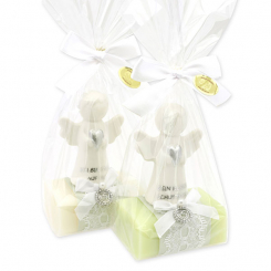 Schafmilchseife eckig 100g dekoriert mit Schutzengel mit Herz in Cello, Classic/Wiesenblume 