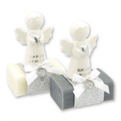 Sheep milk soap square 100g decorated with guardian angel with heart, Classic/Christmas rose 