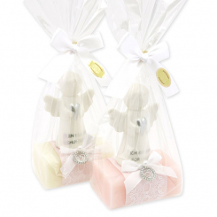 Sheep milk soap square 100g decorated with guardian angel with heart in a cellophane bag, Classic/Jasmine 