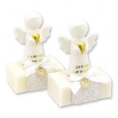 Sheep milk soap square 100g decorated with guardian angel with heart, Classic/Christmas rose white 