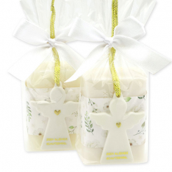 Sheep milk soap square 100g decorated with guardian angel with heart in a cellophane bag, Classic/Christmas rose white 