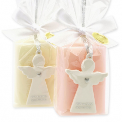 Sheep milk soap square 100g decorated with guardian angel with heart in a cellophane bag, Classic/Jasmine 