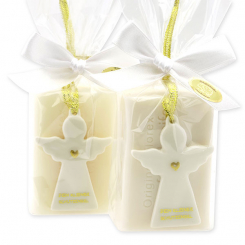 Sheep milk soap square 100g decorated with guardian angel with heart in a cellophane bag, Classic/Christmas rose white 