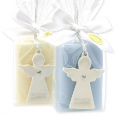 Sheep milk soap square 100g decorated with guardian angel with heart in a cellophane bag, Classic/Forget-me-not 