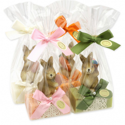 Sheep milk soap 100g decorated with a rabbit in a cellophane, Classic/Verbena/Marigold/Wild rose with petals 