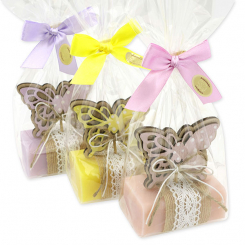Sheep milk soap 100g decorated with a butterfly in a cellophane, Lilac/Chamomile/Magnolia 