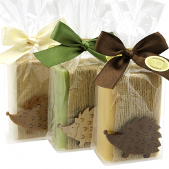 Schafmilchseife eckig 100g dekoriert mit Igel in Cello, sortiert 