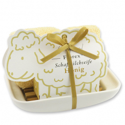 Soap dish porcelain, decorated with a sheep milk soap  100g, in a sheep paper box, Honey 