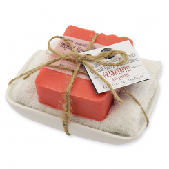 Cold-stirred soap 150g with towel and soap dish "Love for tradition", Pomegranate 