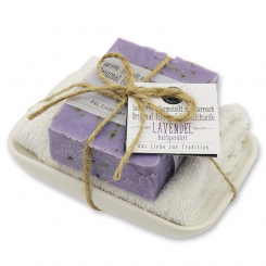 Cold-stirred soap 150g with towel and soap dish "Love for tradition", Lavender 