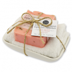 Cold-stirred soap 150g with towel and soap dish "Love for tradition", Wild rose 