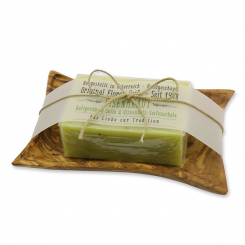 Cold-stirred sheepmilk soap 100g packed in a cellophane on a rectangular soap dish made out of olivewood decorated with a label "Love for tradition", Verbena 