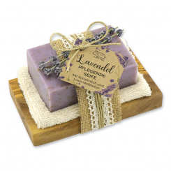 Schafmilchseife eckig 150g auf Olivenholz-Seifenschale "Wohlfühlzeit", Lavendel 
