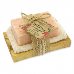 Sheep milk soap 150g on a olive wood soap dish "feel-good time", Wild rose 