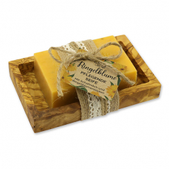 Sheep milk soap 150g on a olive wood soap dish "feel-good time", Marigold 