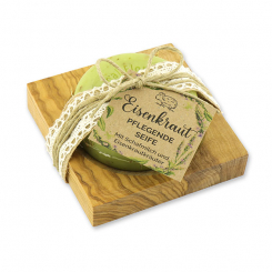 Schafmilchseife rund 100g auf Olivenholz-Seifenschale "Wohlfühlzeit", Eisenkraut 