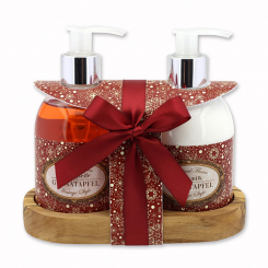 Body milk 250ml and liquid soap 250ml on a wooden shelf "Vintage motif 182", Pomegranate 