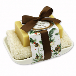 Sheep milk soap 150g on soap dish "Vintage motif 224", Swiss pine 