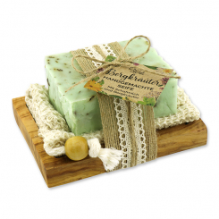 Kaltgerührte Schafmilchseife 150g auf Olivenholz-Seifenschale "Wohlfühlzeit", Bergkräuter 