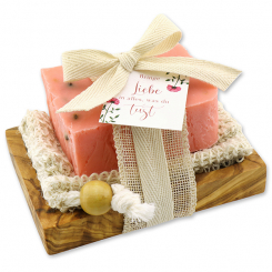 Cold-stirred sheep milk soap 150g packed in a soap holder "Bringe Liebe in alles...", Wild rose 
