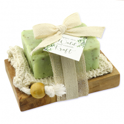 Cold-stirred sheep milk soap 150g packed in a soap holder "Spüre den Wald...", Verbena 