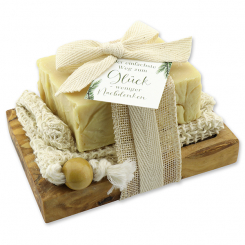 Cold-stirred sheep milk soap 150g packed in a soap holder "Der einfachste Weg zum Glück...", Swiss pine 