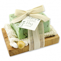 Cold-stirred sheep milk soap 150g packed in a soap holder "Zuhause ist da...", Mountain herbs 