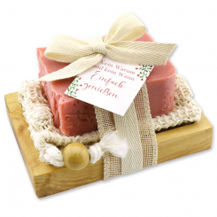 Cold-stirred sheep milk soap 150g packed in a soap holder "Kein Warum und kein...", Strawberry 