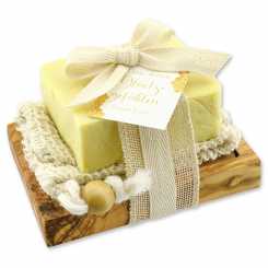 Cold-stirred sheep milk soap 150g packed in a soap holder "Lass deinen Glücksgefühlen...", Honey 