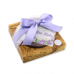 Schafmilchseife rund 100g auf Olivenholz-Seifenschale "Alles Liebe", Lavendel 