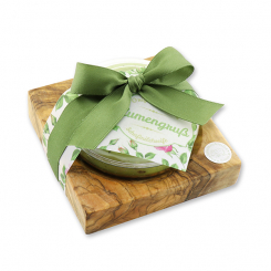 Schafmilchseife rund 100g auf Olivenholz-Seifenschale "Blumengruß", Eisenkraut 