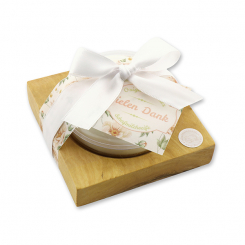 Schafmilchseife rund 100g auf Olivenholz-Seifenschale "Vielen Dank", Schneerose 