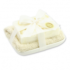 Handgemachte Glyzerin-Seife 90g in Folie auf Seifenschale, Frühlingsbote 