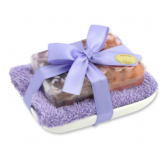 Handgemachte Glyzerin-Seife 90g in Folie auf Seifenschale, Flieder 