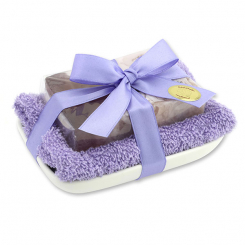 Handgemachte Glyzerin-Seife 90g in Folie auf Seifenschale, Heidelbeere-Brombeere 