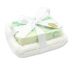 Handgemachte Glyzerin-Seife 90g in Folie auf Seifenschale, Impression 